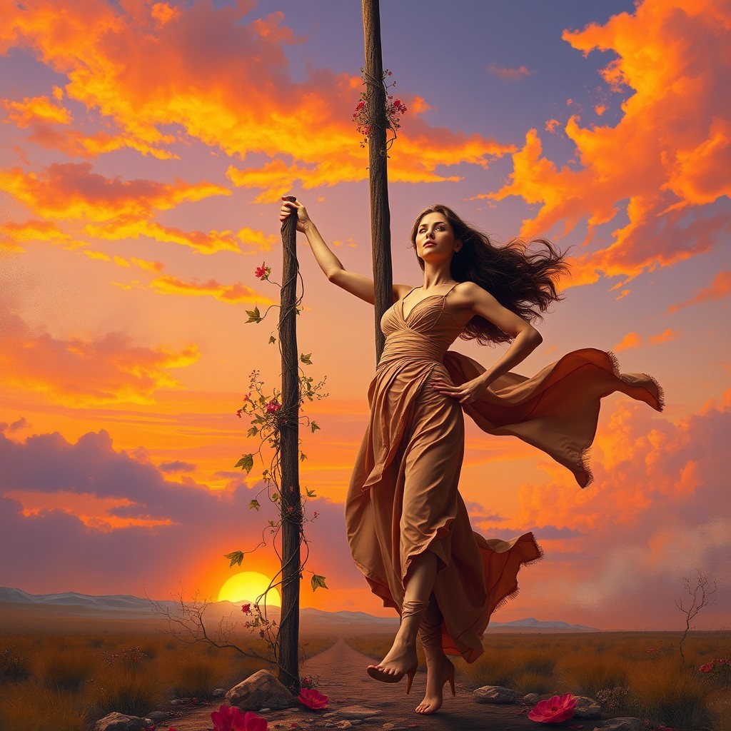 A surreal artistic interpretation of a woman standing in a dramatic pose, with a large pole extending vertically through her, symbolizing strength and resilience