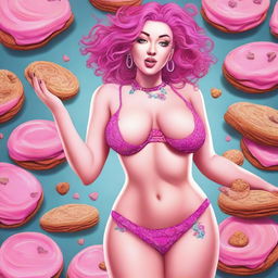 A digital art image showcasing a voluptuous woman with striking pink hair