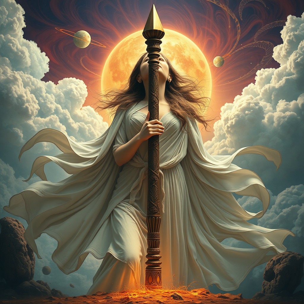 A powerful and striking image depicting a woman in a surreal, fantastical landscape