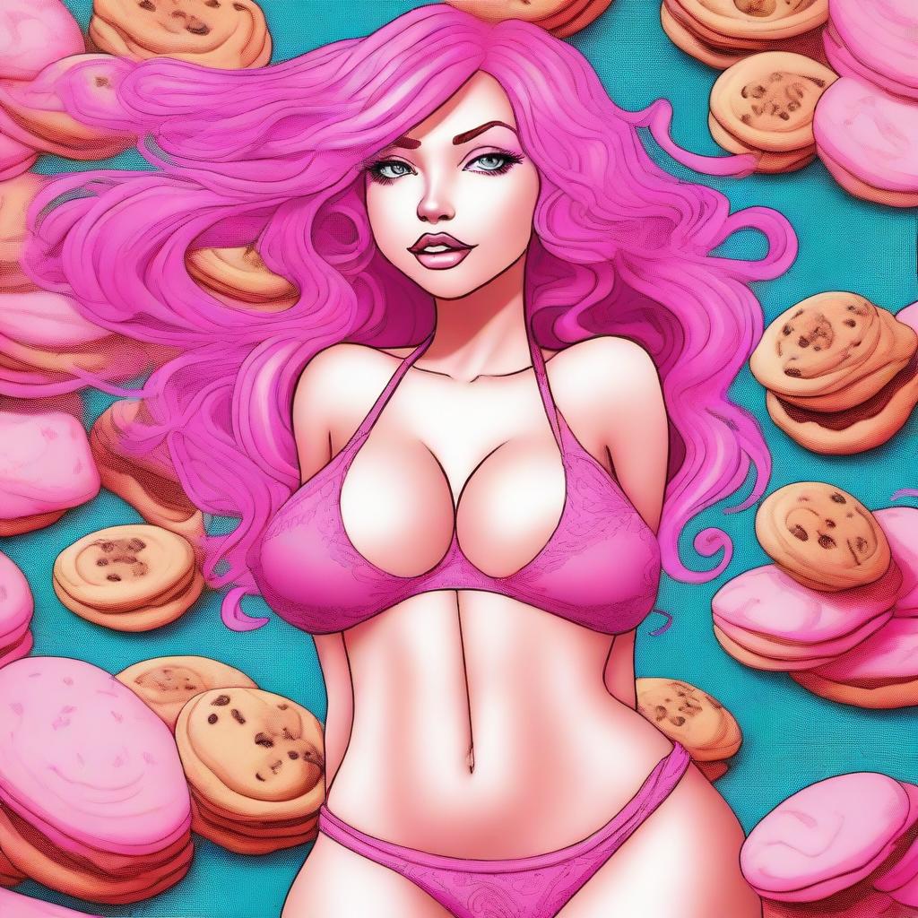 A digital art image showcasing a voluptuous woman with striking pink hair