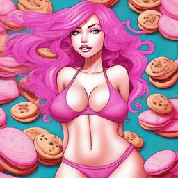 A digital art image showcasing a voluptuous woman with striking pink hair