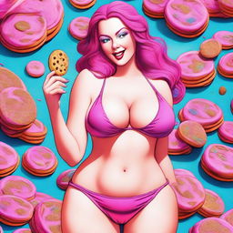 A digital art image showcasing a voluptuous woman with striking pink hair