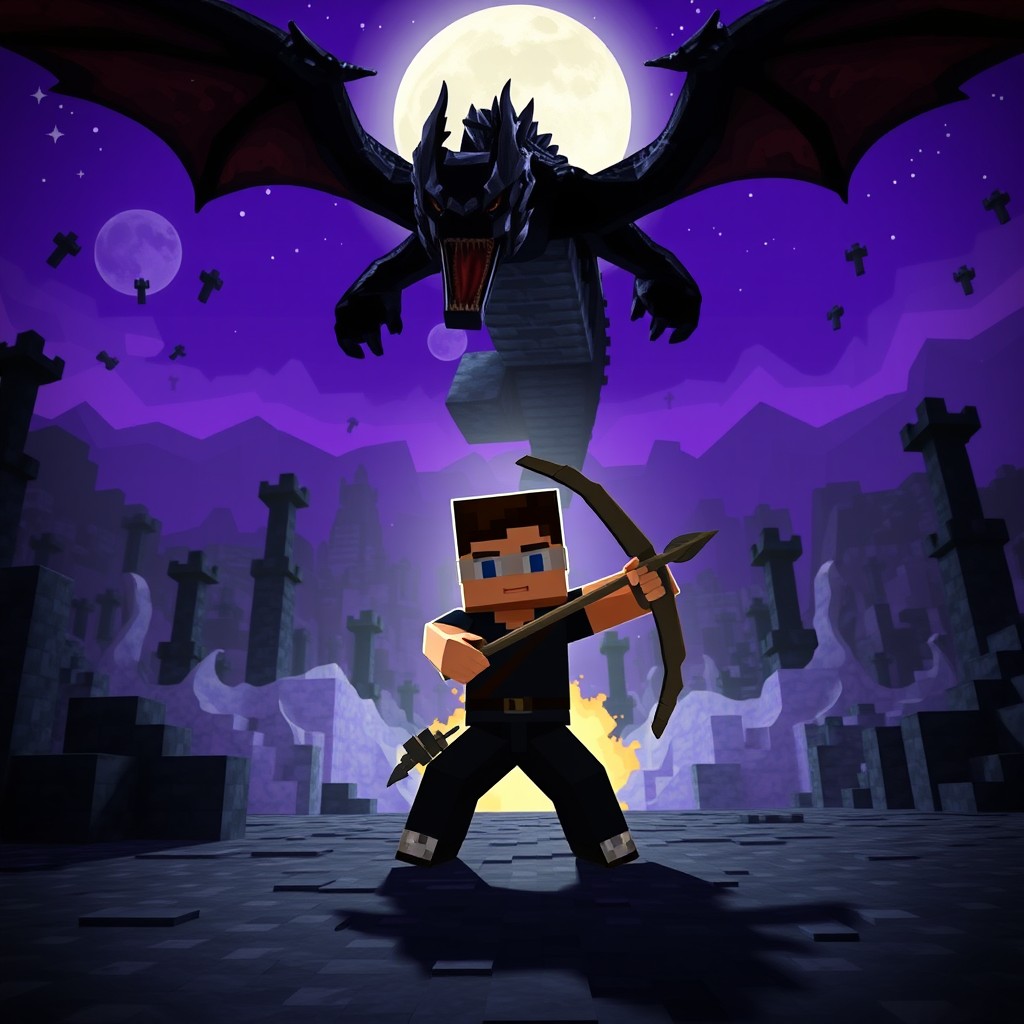 A dramatic and intense scene in the Minecraft world featuring a brave player character facing off against the menacing Ender Dragon