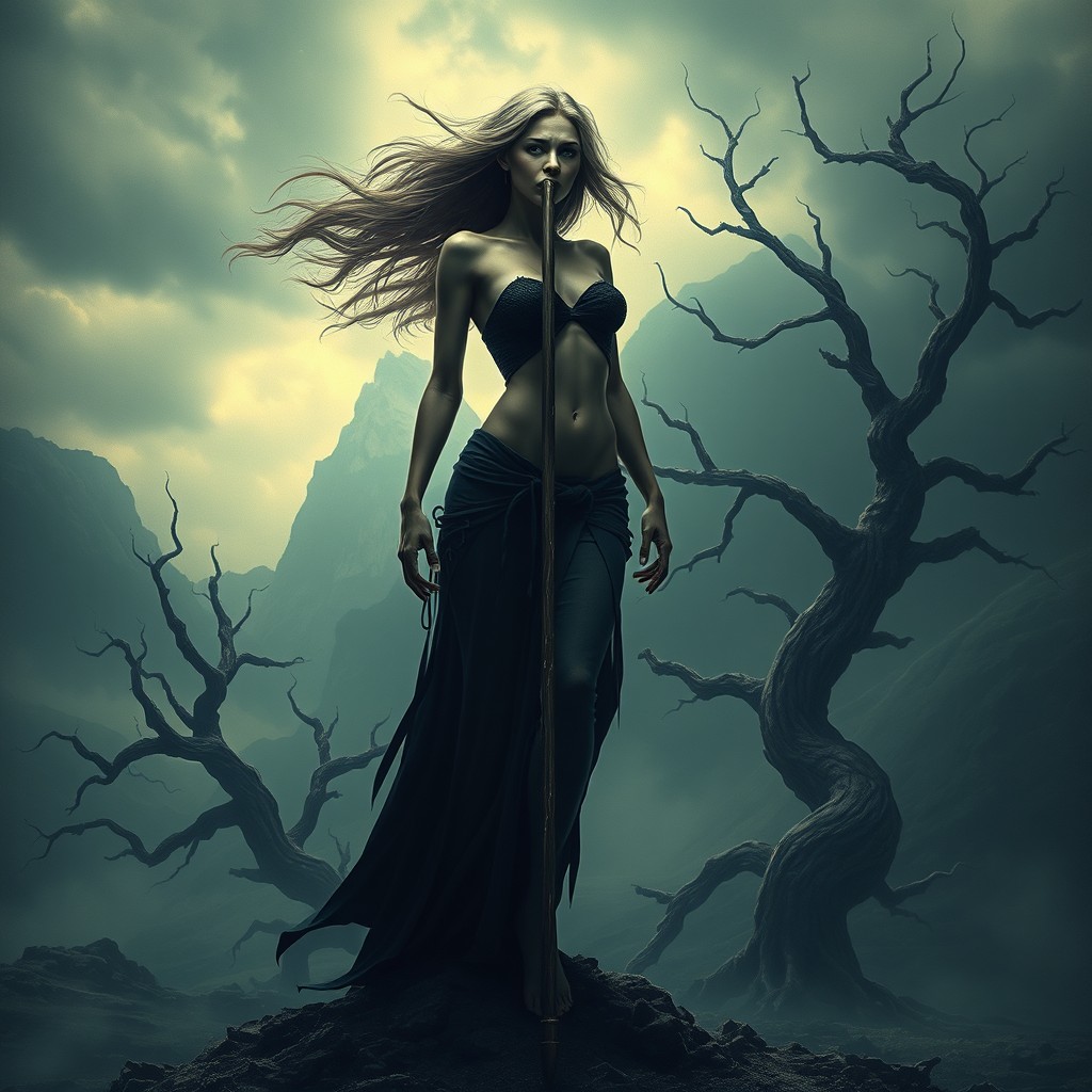 A surreal and darkly imaginative scene featuring a woman in a striking pose that captivates the viewer's attention