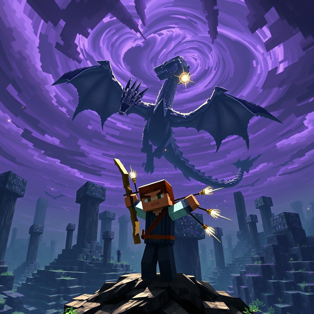 A Minecraft scene depicting a player character engaging in a fierce battle against the Ender Dragon without wearing any armor