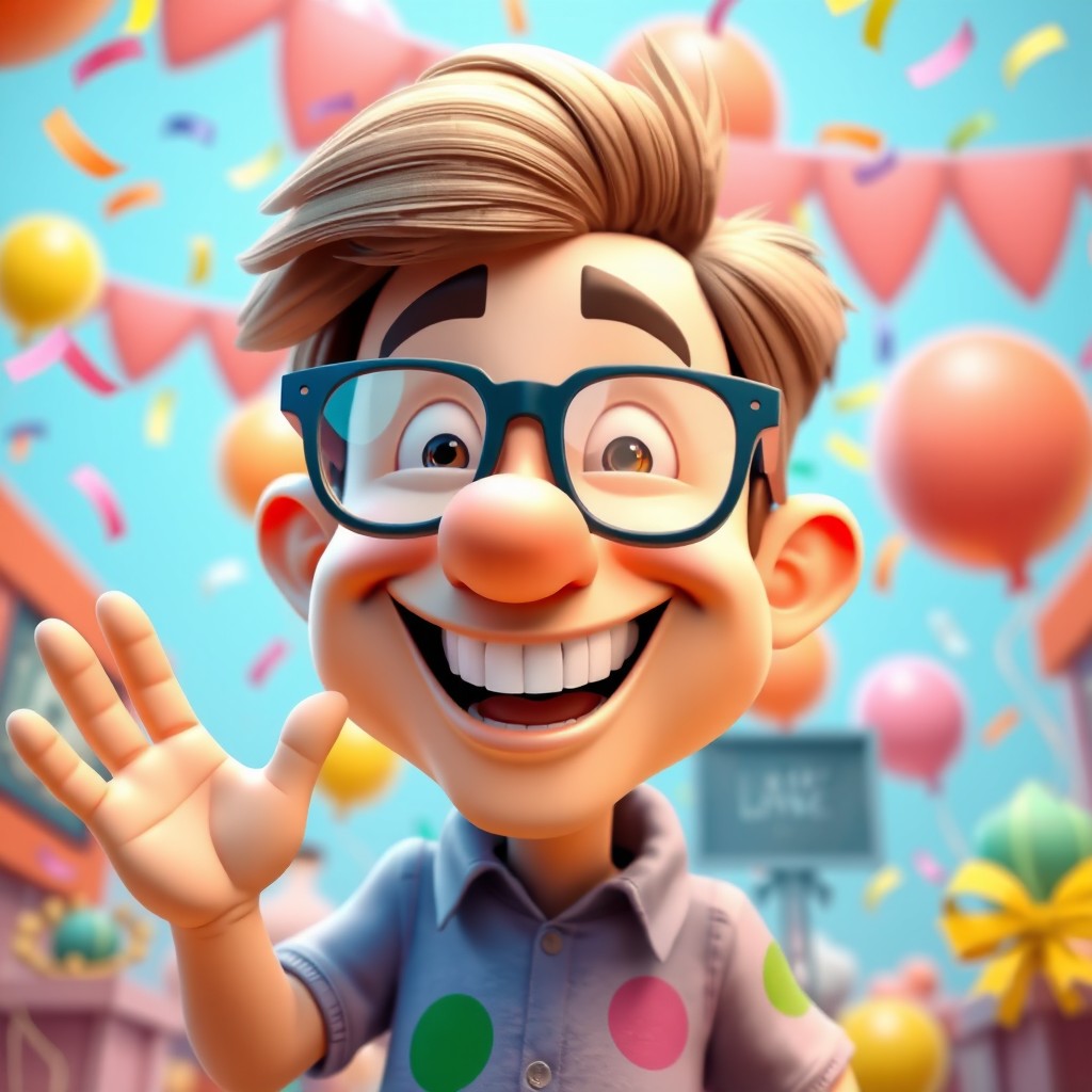 A vibrant and playful 3D caricature of a cheerful person with exaggerated facial features such as a large nose, big smile, and oversized glasses