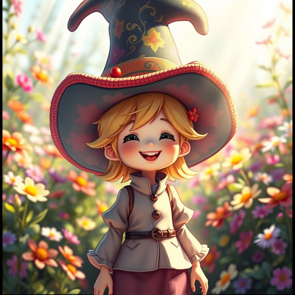 A whimsical character wearing a fantastical oversized hat, standing in a vibrant, colorful environment filled with flowers and greenery