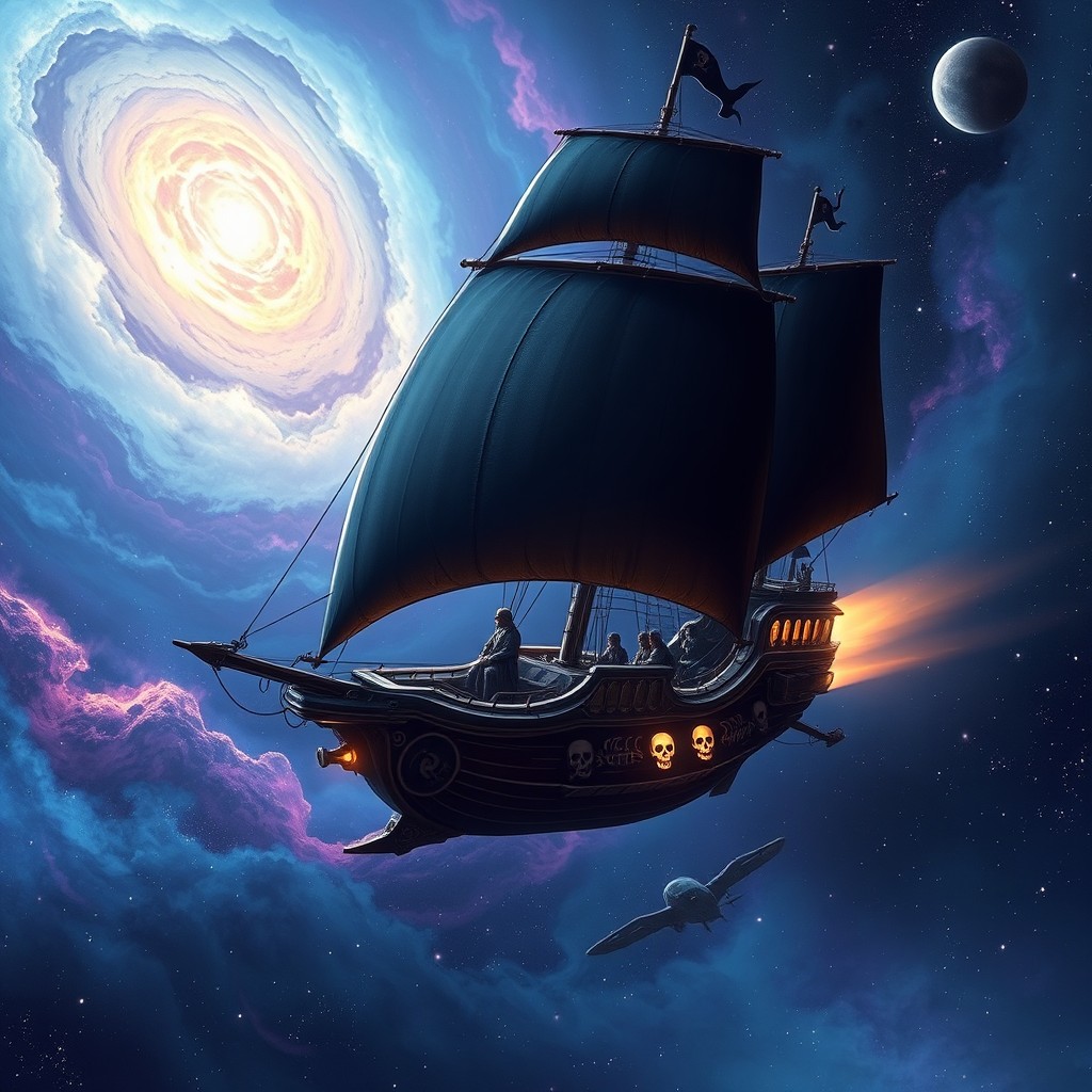 A dramatic scene depicting a pirate spaceship soaring through the starry cosmos