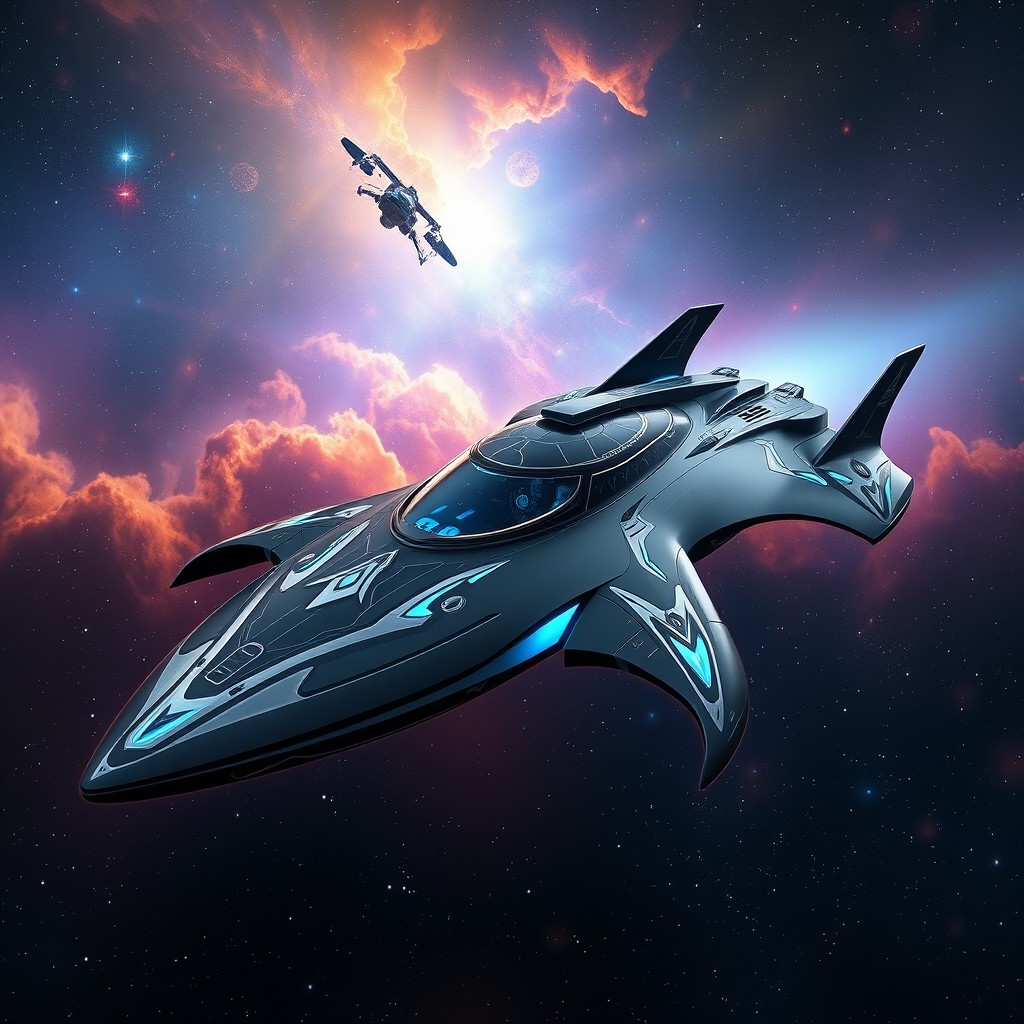A striking fantasy spaceship designed in a sleek, aerodynamic black exterior, featuring intricate silver detailing and glowing blue accents
