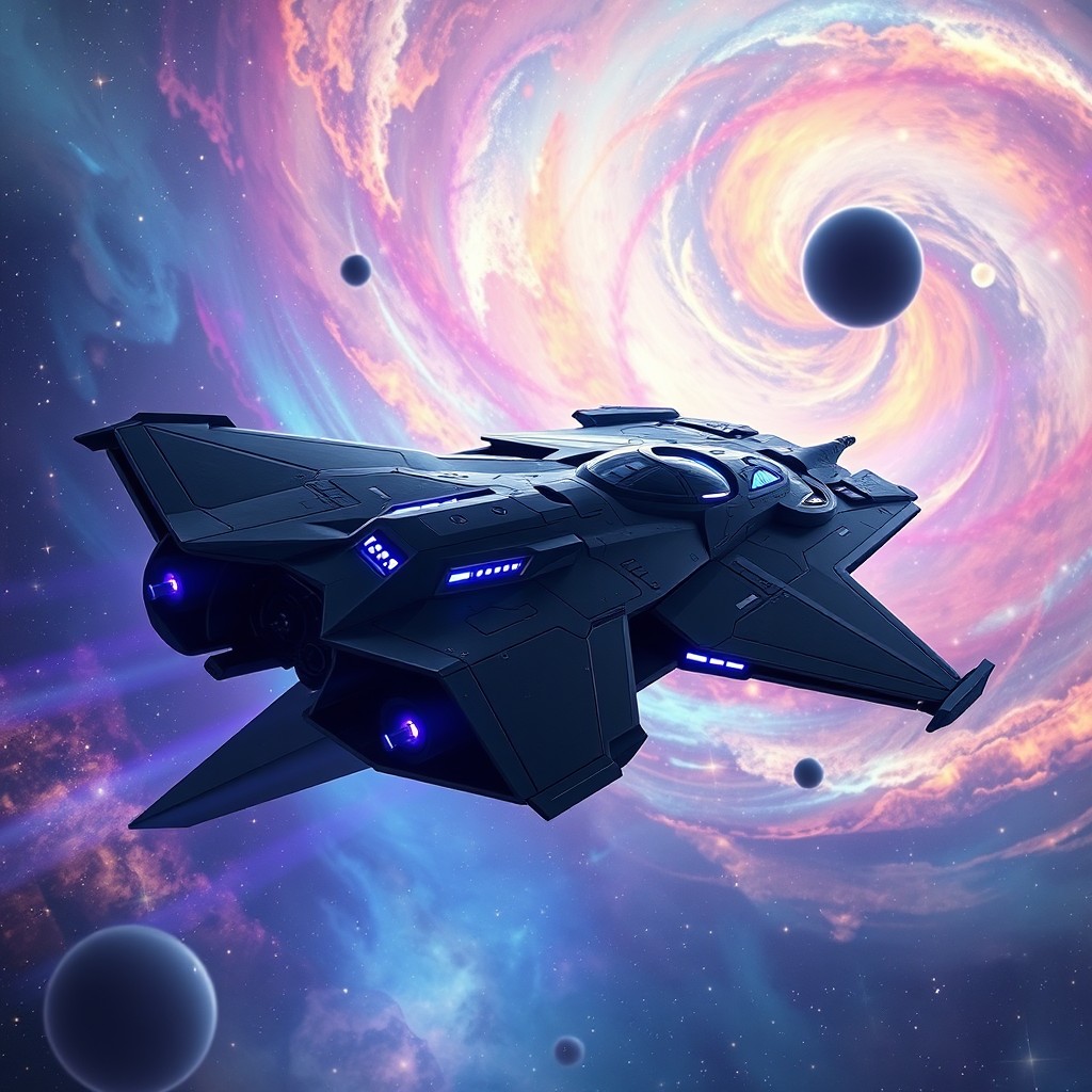 A sleek, futuristic black fantasy spaceship soaring through a vibrant cosmic backdrop filled with swirling galaxies and nebulae