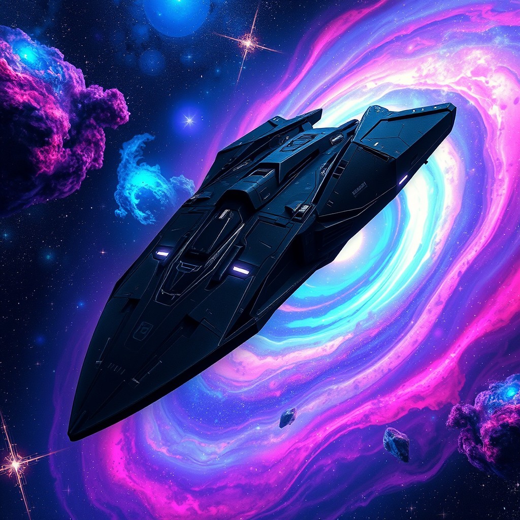 An intimidating, futuristic black fantasy spaceship soaring through a vibrant cosmic backdrop