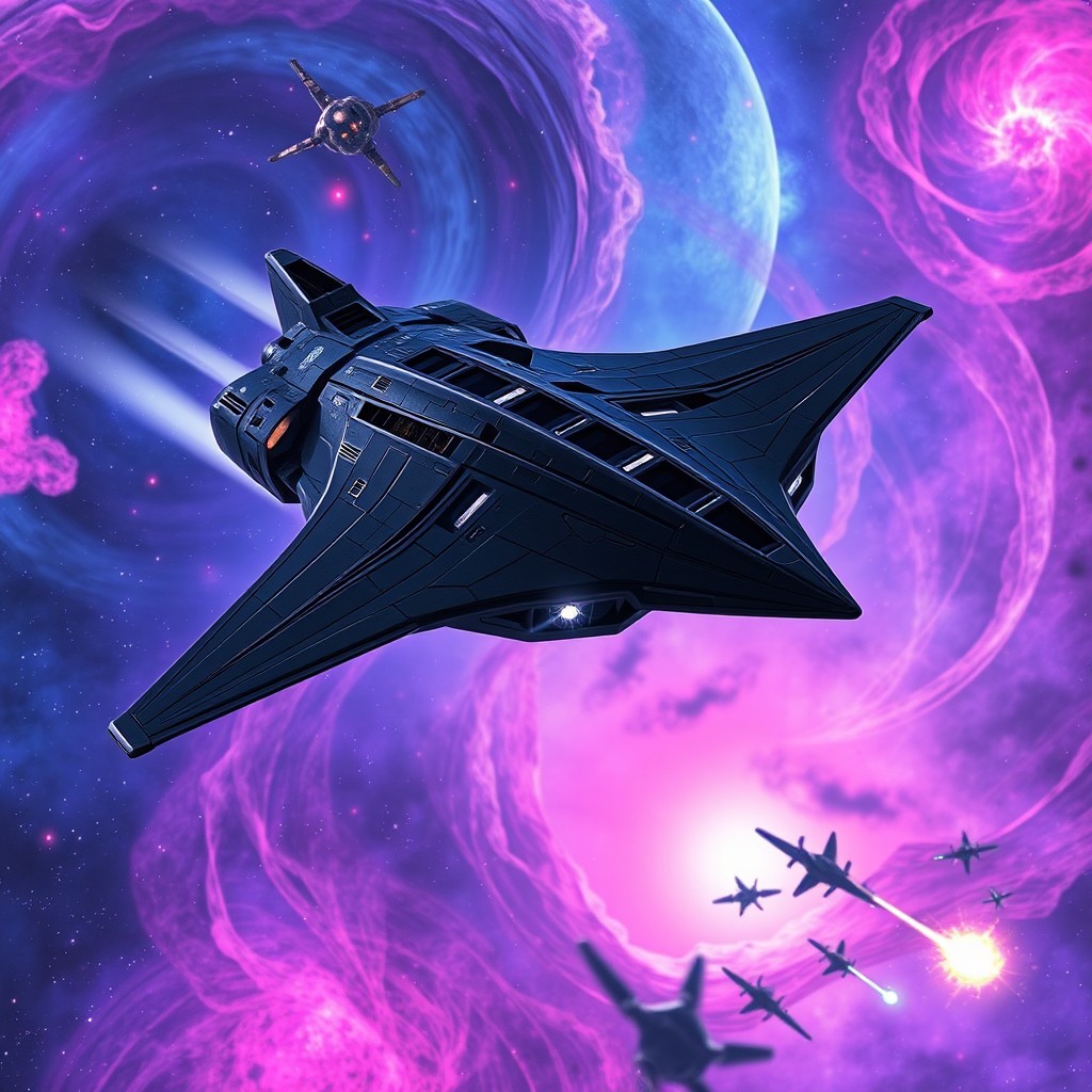 An intimidating futuristic black fantasy spaceship soaring majestically through a vibrant cosmic backdrop, filled with swirling galaxies of deep blues, purples, and bright pinks