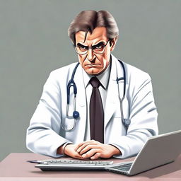 Alter the existing image of the angry doctor typing furiously on his computer. Redefine his appearance to look significantly younger, around 30 years old, yet still carrying ambition and heavy responsibility on his youthful features.