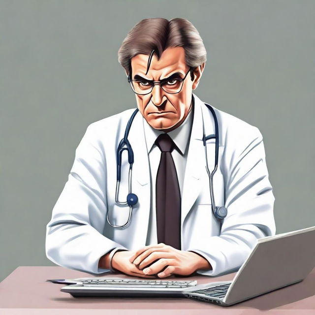 Alter the existing image of the angry doctor typing furiously on his computer. Redefine his appearance to look significantly younger, around 30 years old, yet still carrying ambition and heavy responsibility on his youthful features.