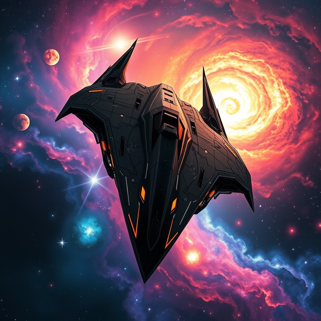 A majestic, intimidating futuristic black fantasy spaceship soaring through a vibrant cosmic backdrop, filled with swirling galaxies and stunning nebulae radiating brilliant colors