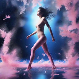 A high-resolution digital art image, captured with a Reflex Nikon, depicts a young woman running intensely