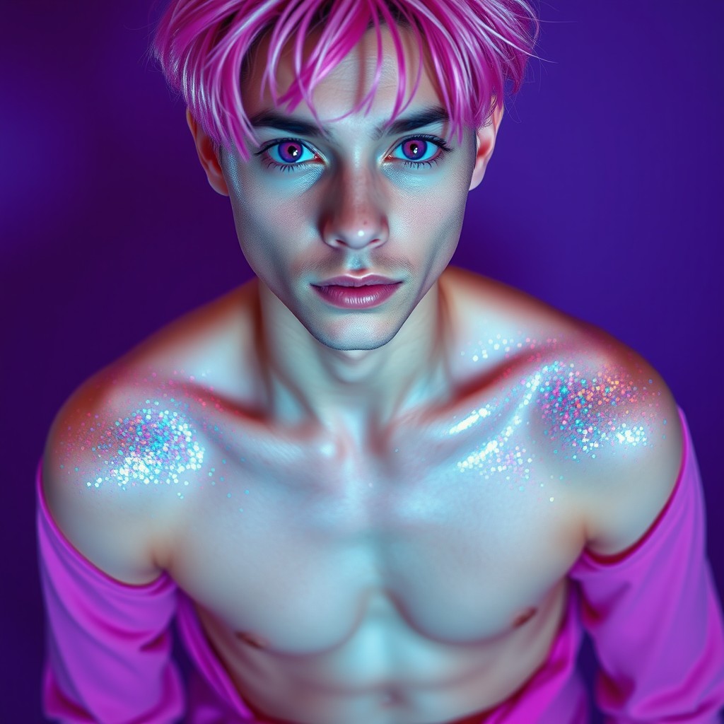 A young man with vibrant pink hair and striking violet eyes, wearing a pink top that reveals his chest and shoulders