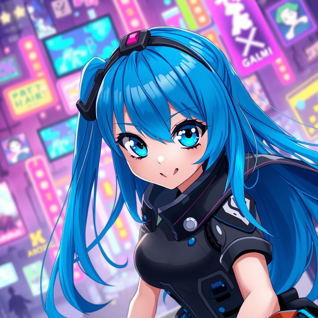 Digital art of a blue-haired anime girl with large expressive eyes, wearing a stylish futuristic outfit that combines elements of cyberpunk and fantasy