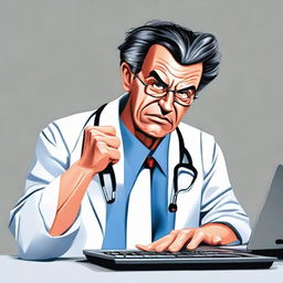 Alter the existing image of the angry doctor typing furiously on his computer. Redefine his appearance to look significantly younger, around 30 years old, yet still carrying ambition and heavy responsibility on his youthful features.