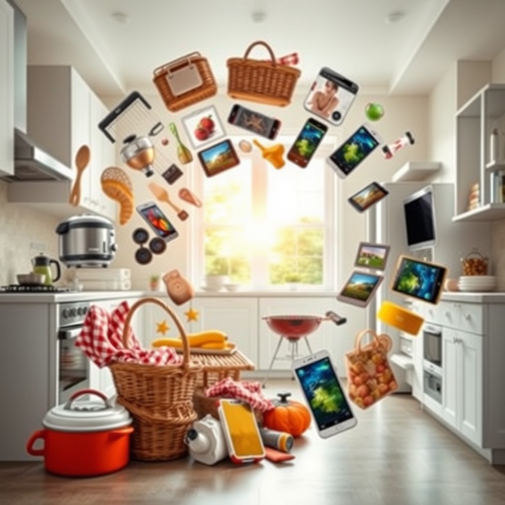 A stunning, dynamic composition featuring various kitchen appliances like a blender, toaster, and cookware, outdoor items such as picnic baskets, a BBQ grill, and beach gear, along with modern phone devices like smartphones and tablets swirling elegantly towards the center of the image