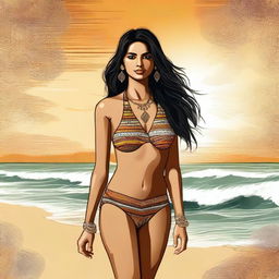 A high-quality digital art image of a young Indian woman in a bikini