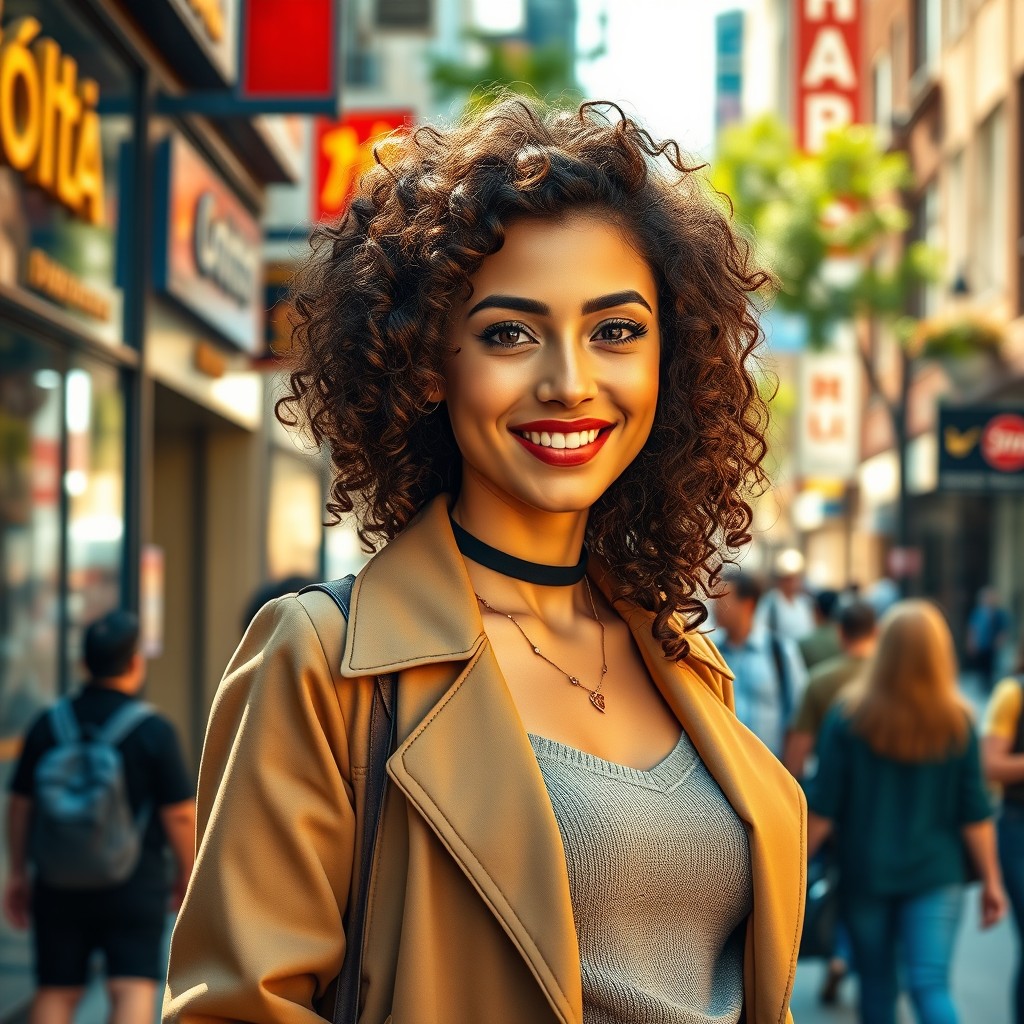 A realistic portrait of a confident young woman with curly brown hair, wearing a fashionable outfit in a modern urban setting