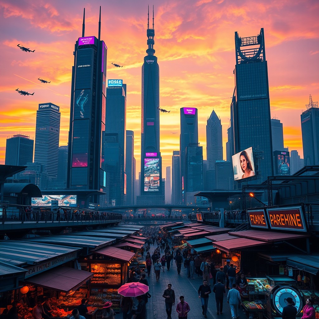 A futuristic city skyline at dusk, with towering skyscrapers adorned with colorful neon lights and digital billboards