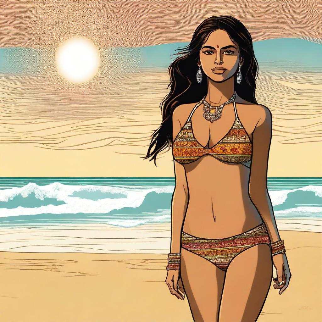 A high-quality digital art image of a young Indian woman in a bikini