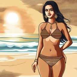 A high-quality digital art image of a young Indian woman in a bikini