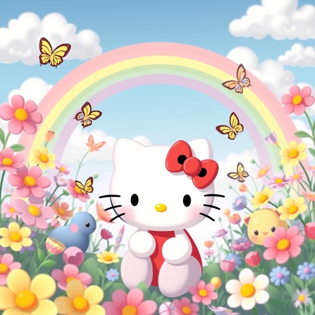 A whimsical and colorful Hello Kitty aesthetic scene featuring Hello Kitty surrounded by vibrant flowers and cute cartoon animals