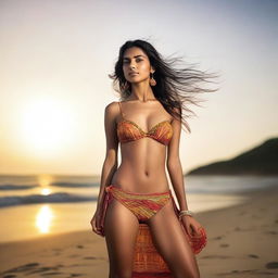 A high-resolution photograph of a real young Indian woman confidently posing in a bikini