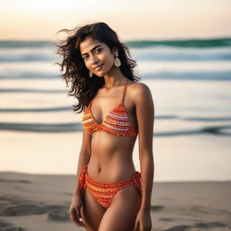 A high-resolution photograph of a real young Indian woman confidently posing in a bikini