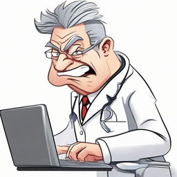 Alter the existing image of the angry doctor typing furiously on his computer. Redefine his appearance to look significantly younger, around 30 years old, yet still carrying ambition and heavy responsibility on his youthful features.