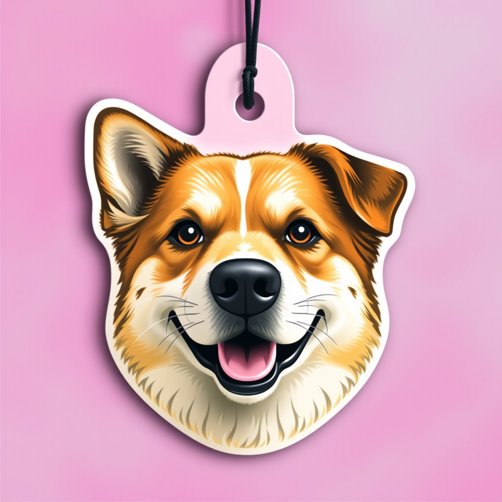 An artistic design featuring a dog's face resembling the one provided, displaying a friendly and welcoming expression