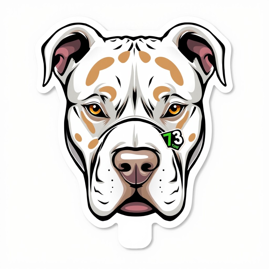 A detailed illustration of a white pitbull's face, featuring light brown spots shaped like a mask