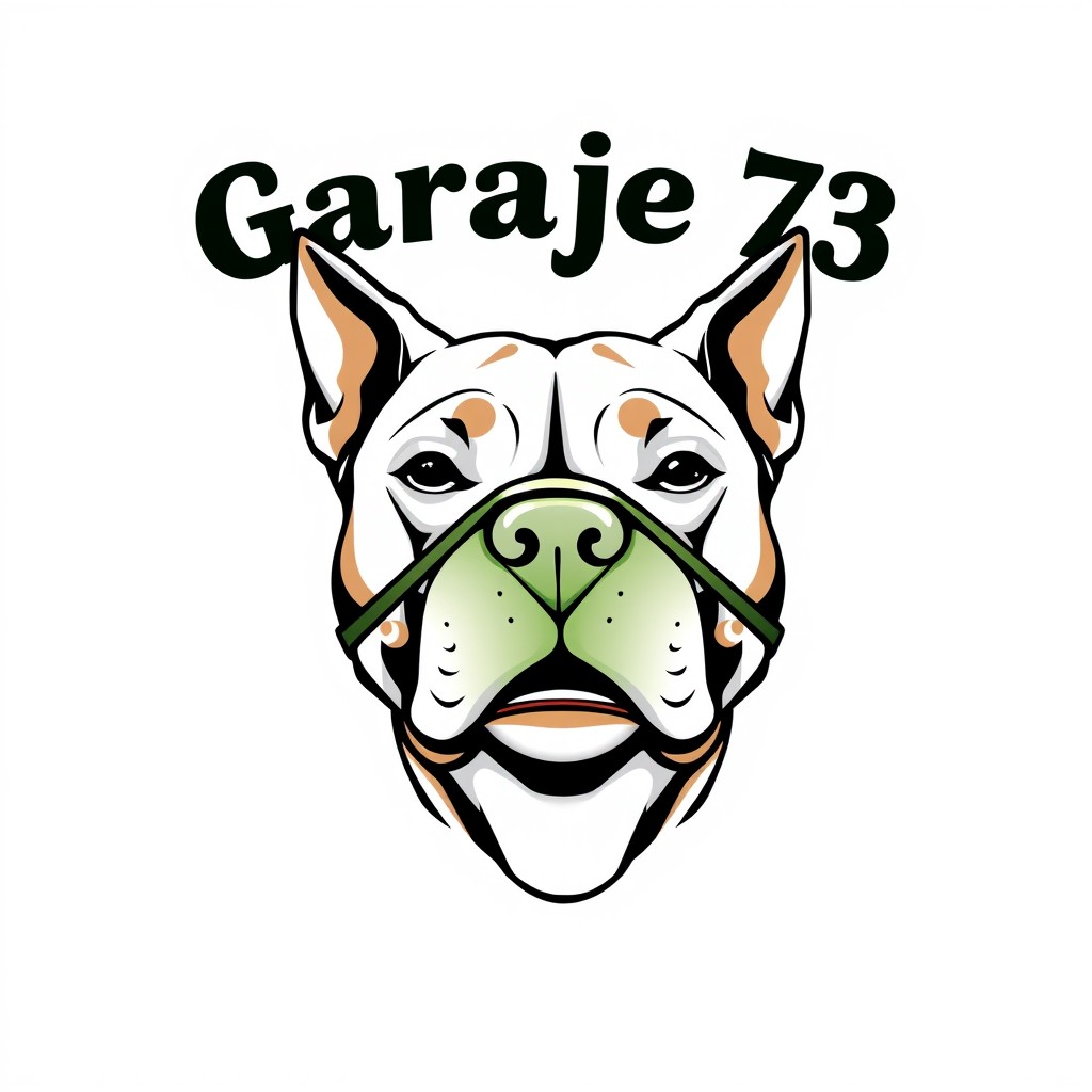 A stylized illustration of a white pitbull head featuring light brown spots shaped like a mask