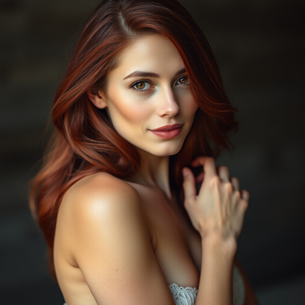 A stunning portrait of a woman named Joly, a 46-year-old mother with striking dark red hair that appears soft and silky