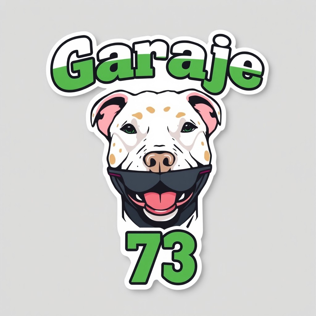 A smiling white pitbull with light brown spots shaped like a mask, positioned below the text