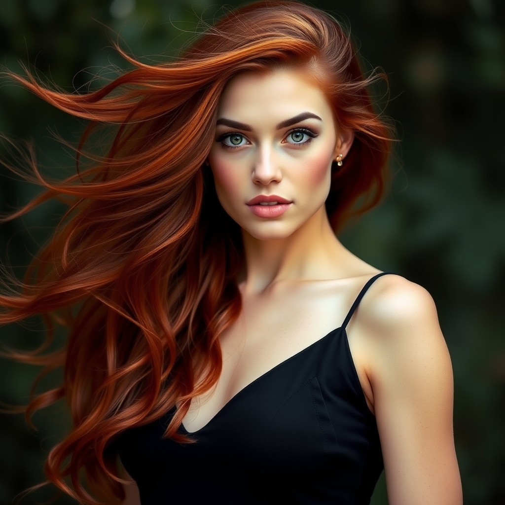 A tall, stunning woman named Joly, who is 46 years old, with flowing dark red hair that has soft, silk-like strands
