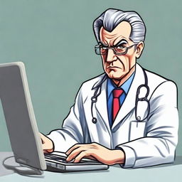 Alter the existing image of the angry doctor typing furiously on his computer. Redefine his appearance to look significantly younger, around 30 years old, yet still carrying ambition and heavy responsibility on his youthful features.