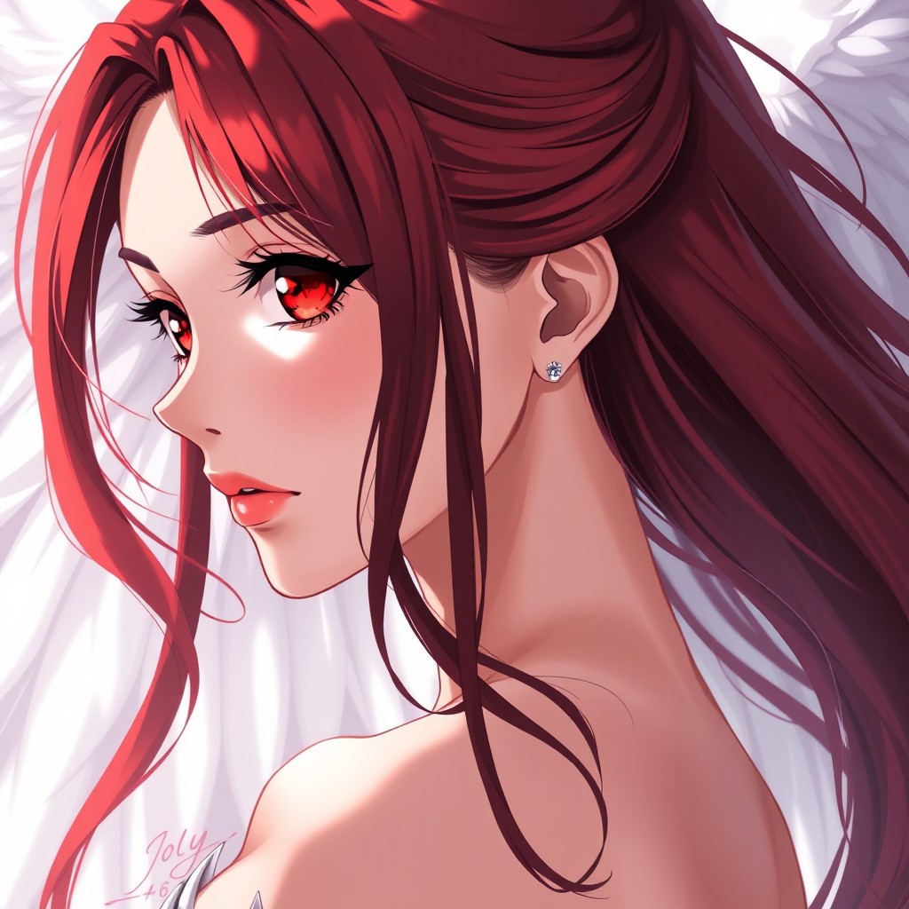 A stunning anime-style illustration of a woman named Joly, aged 46, capturing her rare beauty with vibrant dark red hair that's silky and soft