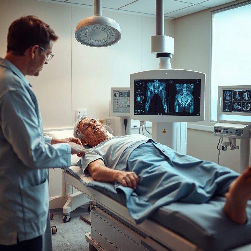 A medical scene depicting a patient with a broken hip undergoing a pelvic x-ray