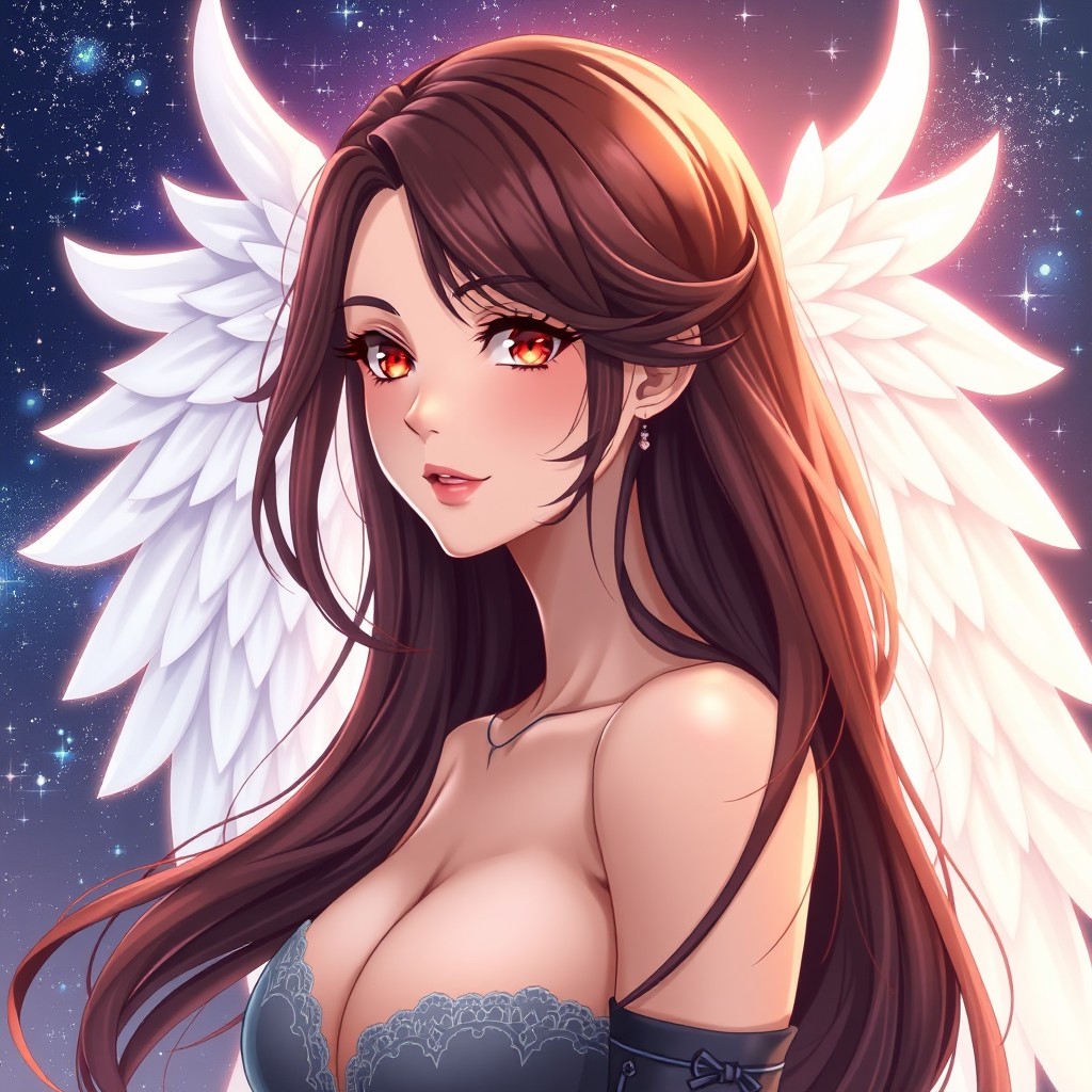 A breathtaking anime-style illustration of a woman named Joly, aged 46