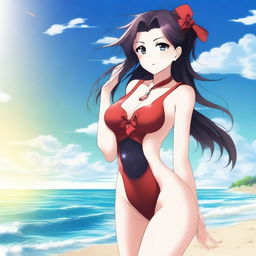 A vibrant digital art image depicts Rin Tohsaka, a character from the Fate series, clad in a tasteful swimsuit