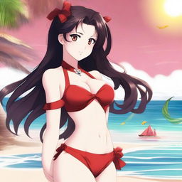 A vibrant digital art image depicts Rin Tohsaka, a character from the Fate series, clad in a tasteful swimsuit