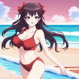 A vibrant digital art image depicts Rin Tohsaka, a character from the Fate series, clad in a tasteful swimsuit