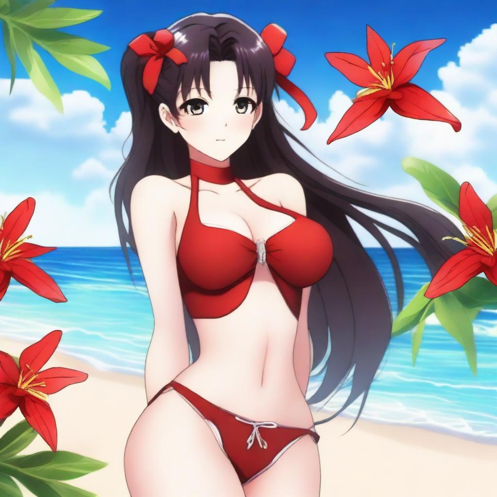 A vibrant digital art image depicts Rin Tohsaka, a character from the Fate series, clad in a tasteful swimsuit