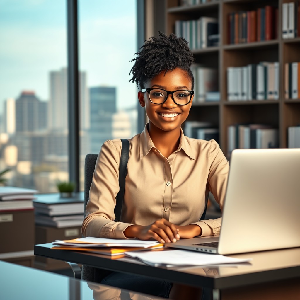 A Malagasy teenage girl with a confident and cheerful expression, dressed in a professional secretary outfit, sitting at a modern office desk