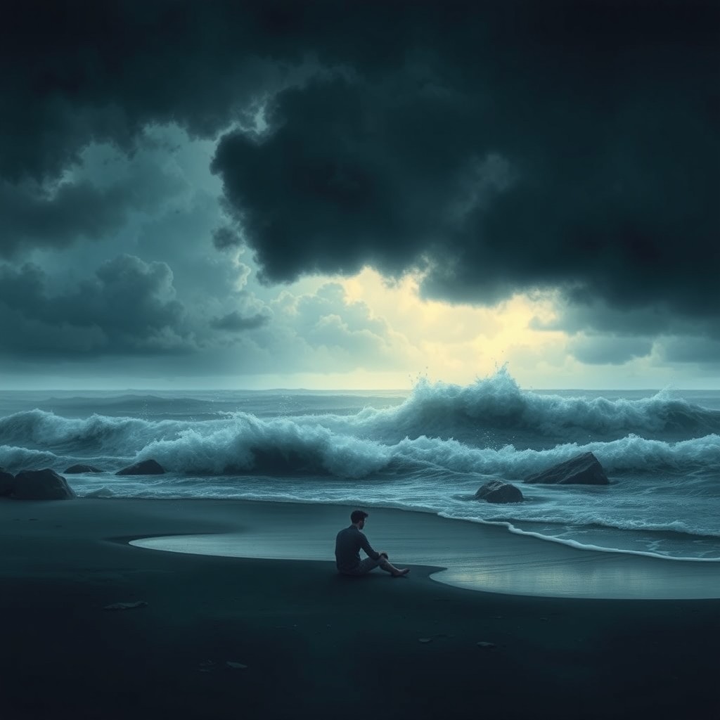 A visually striking representation of depression, illustrated through a dark and moody landscape