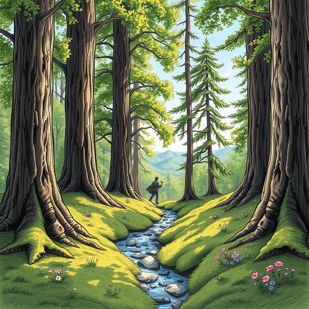 A highly detailed sketch of a serene forest scene, featuring tall, majestic trees with intricate bark texture, lush green foliage, and dappled sunlight filtering through the leaves